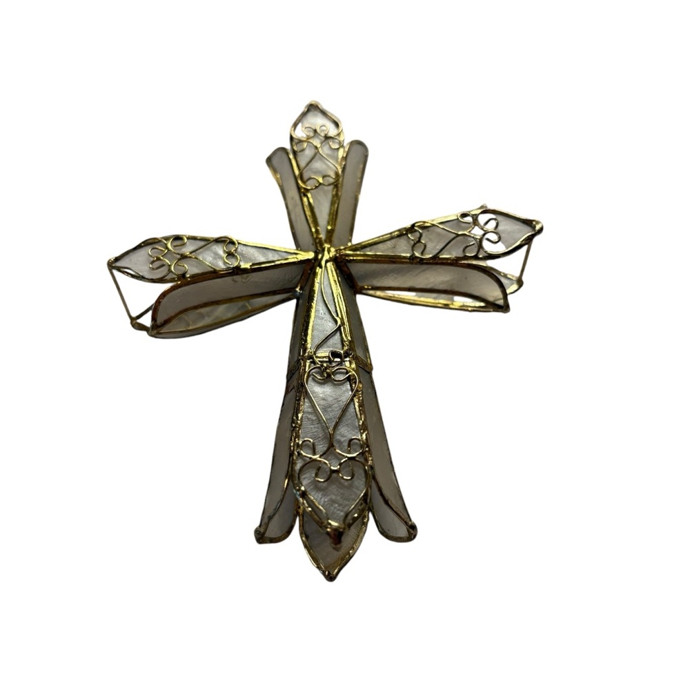 Iridescent Capiz Shell 3D Cross with Gold Filagree Christmas Decor - Picture 1 of 7